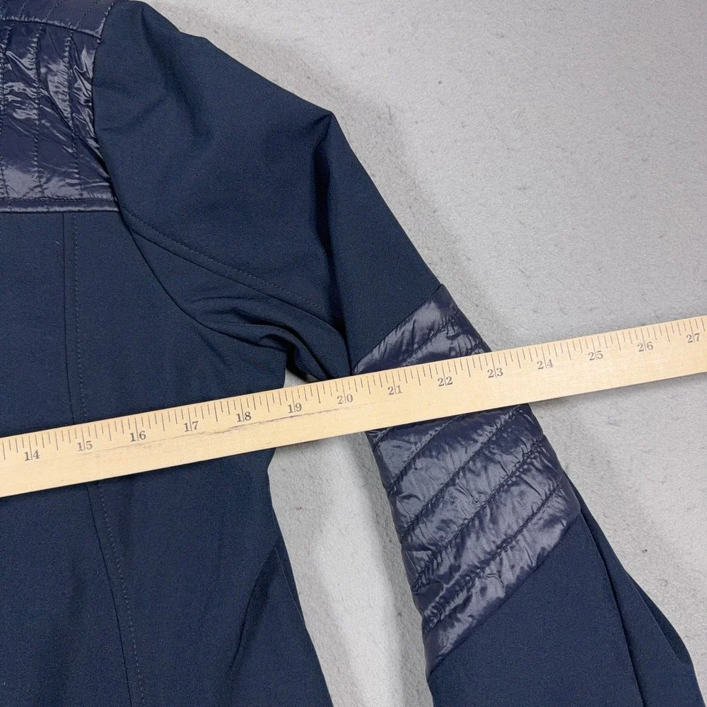 Michael‎ Kors Hooded Softshell Coat Women Medium Navy Quilted Trim Longline